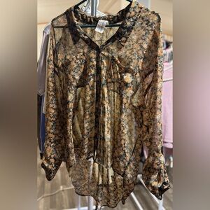 Free People Floral Sheer Black and Tan Women's Top *flaw*